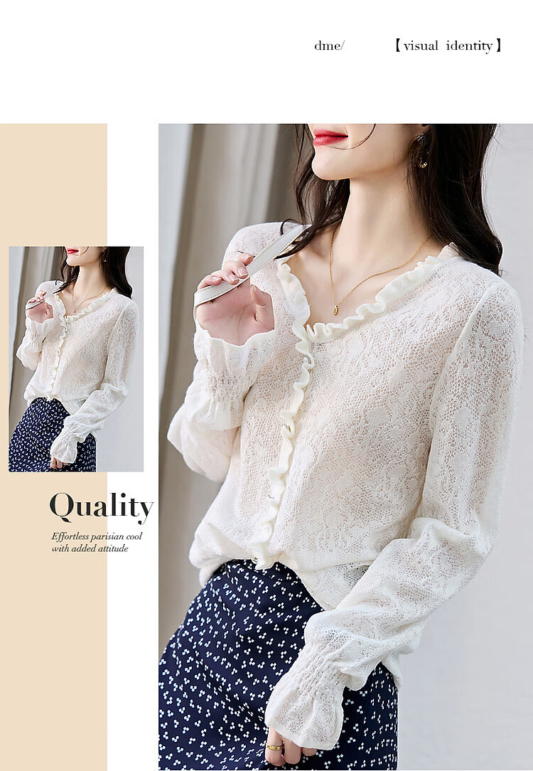 Dme [Containing Wool] Autumn V-Neck Ruffle Jacquard Pullover Sweater Women's Top 8