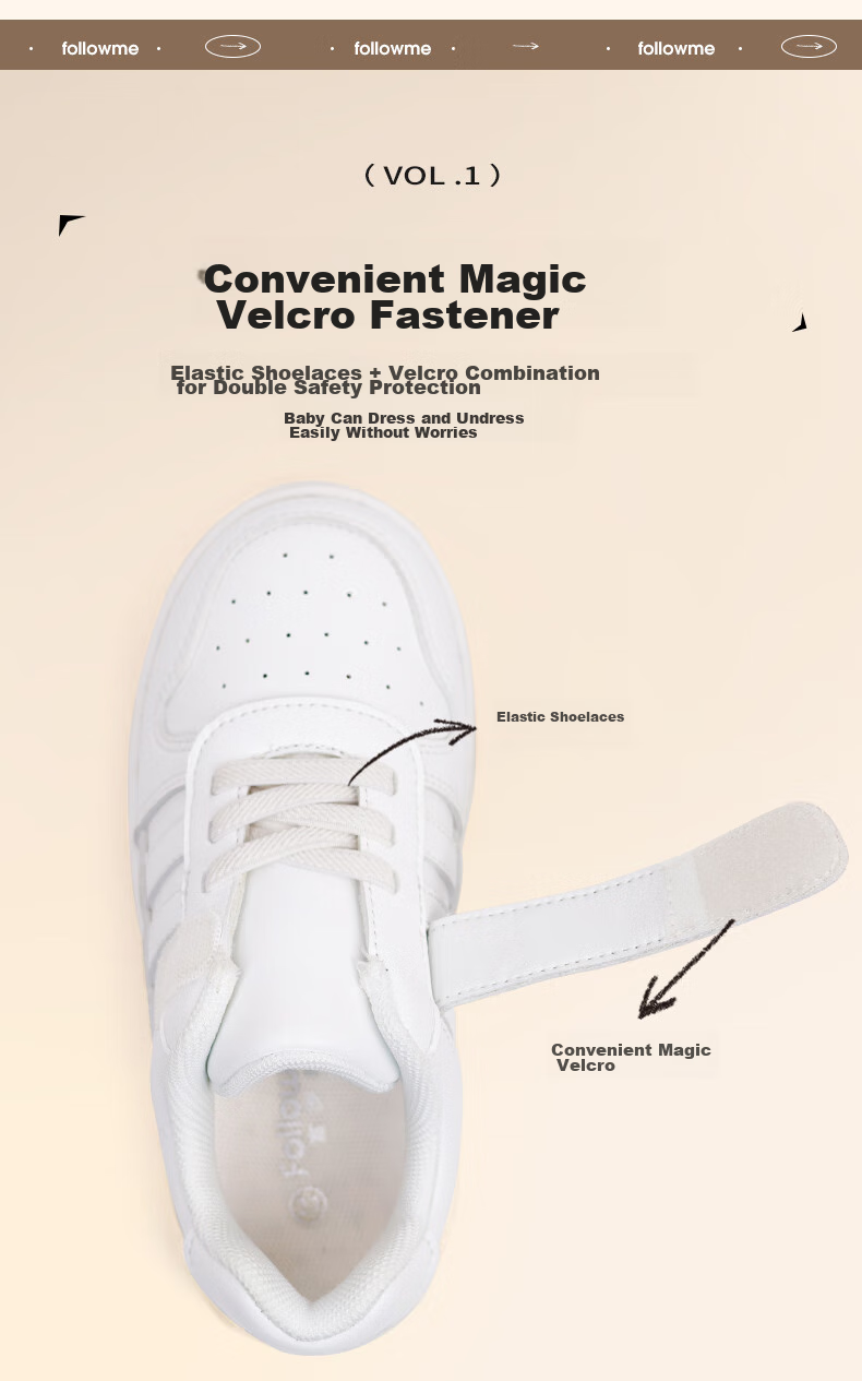 Follow Me Boys And Girls Sports White Sneakers Children's School Campus Shoes Spring Autumn Fashion Breathable Performance Casual Shoes Xueyuanbai 37 5