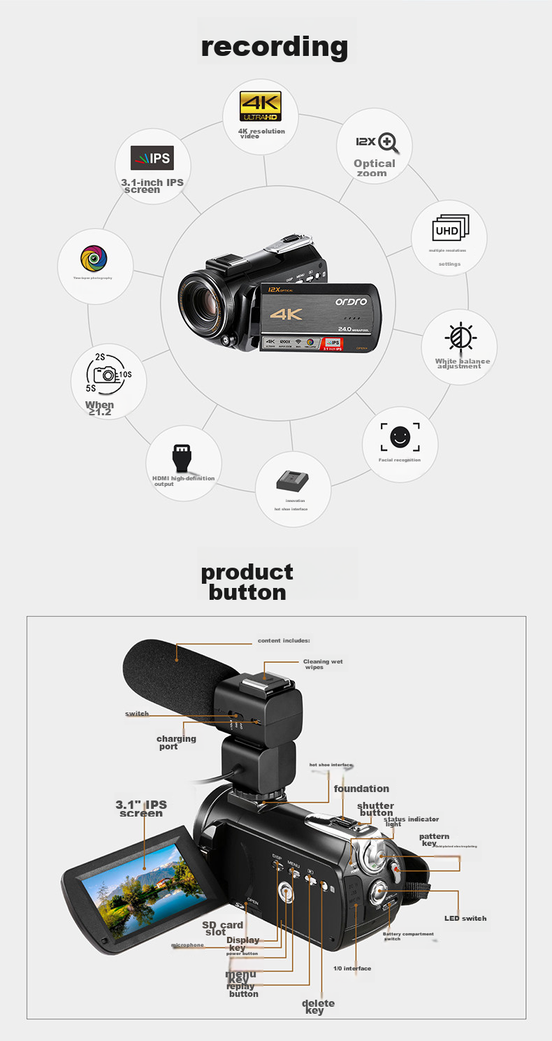 ORDRO AC5Plus 5K Camera, 4K Digital Camera, DV Professional All-In Recorder, 12x Optical Zoom, 1200x Dynamic Zoom, for Home Use And Live Streaming, Suitable for Travel 29