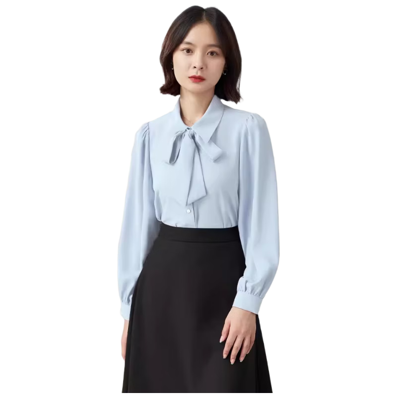 Bodexiaojie Women's Chiffon Bow Tie Blouse, Professional Commute Formal Wear, Inner Layer for Petite Figures, Interview Shirt, Smog Blue, XL