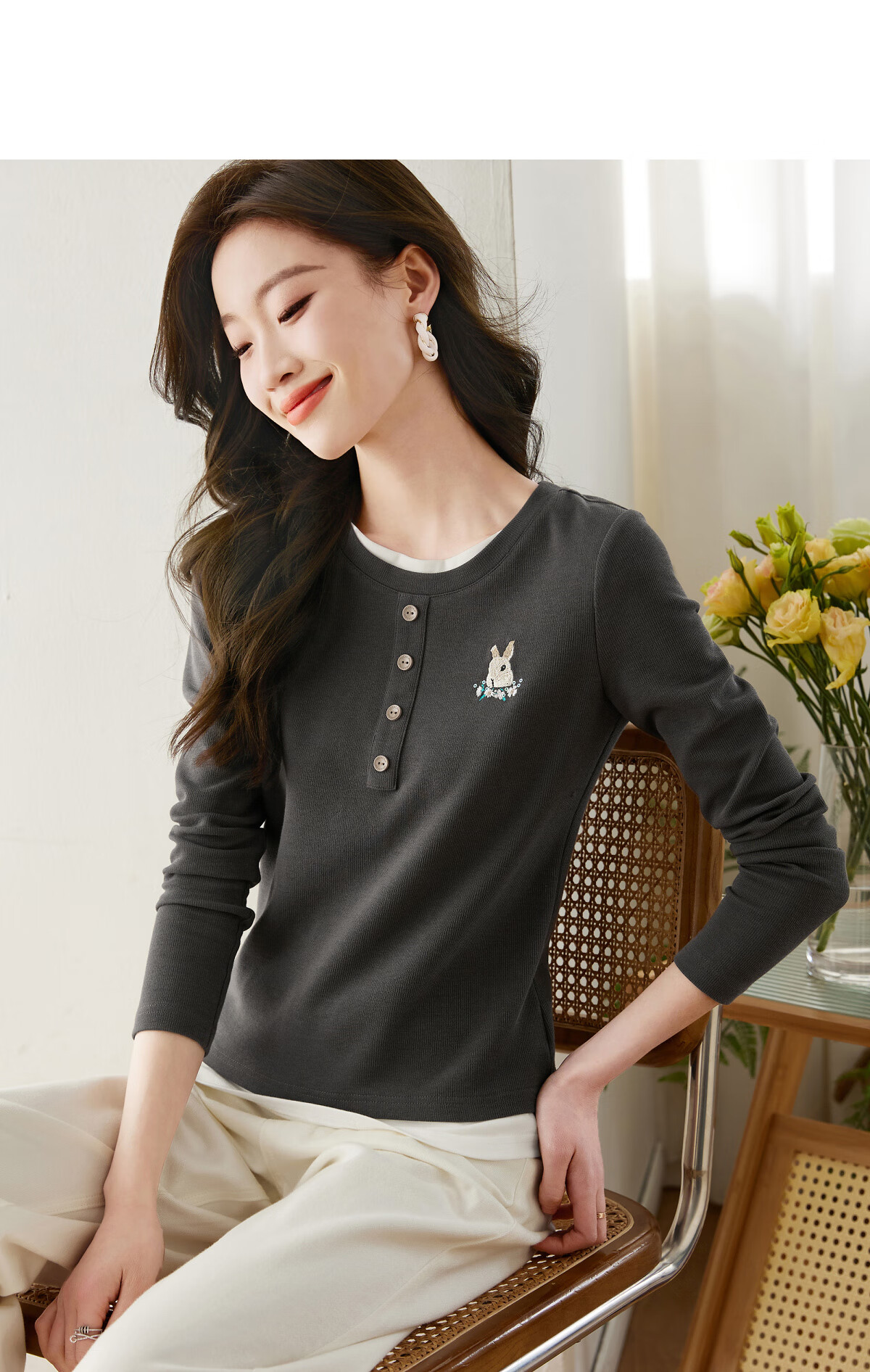 Sentubila Rabbit Embroidery Faux Layered Round Neck Long Sleeve T-Shirt for Women, Spring And Autumn Outer Wear Slimming Top, Dark Gray, S 14