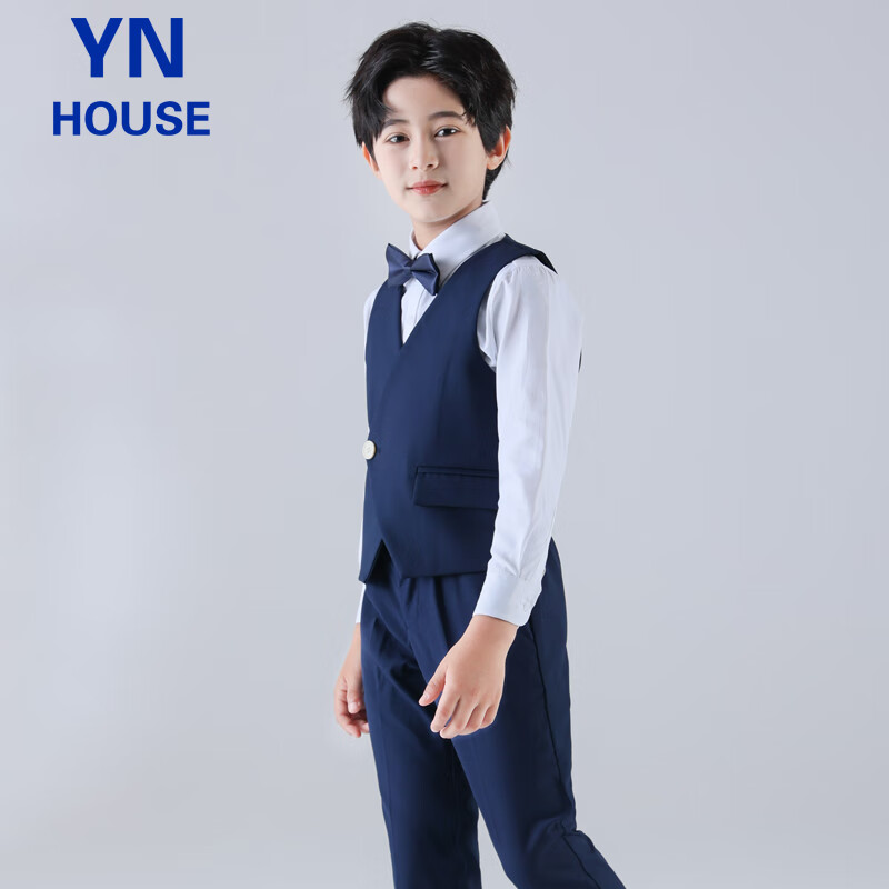 Yinuofang Children's Suit Set, Vest Set for Performances, Boys' Suit, Navy Blue Single-Breasted Vest Set, 160CM