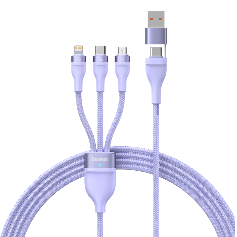 Baseus Three-In Fast Charging Cable, PD Charging Cable Compatible with Type-C Huawei Mate60 Pro, Apple 17/16/15/14 Pro Max Phones And Computers, Charger Cable, Purple