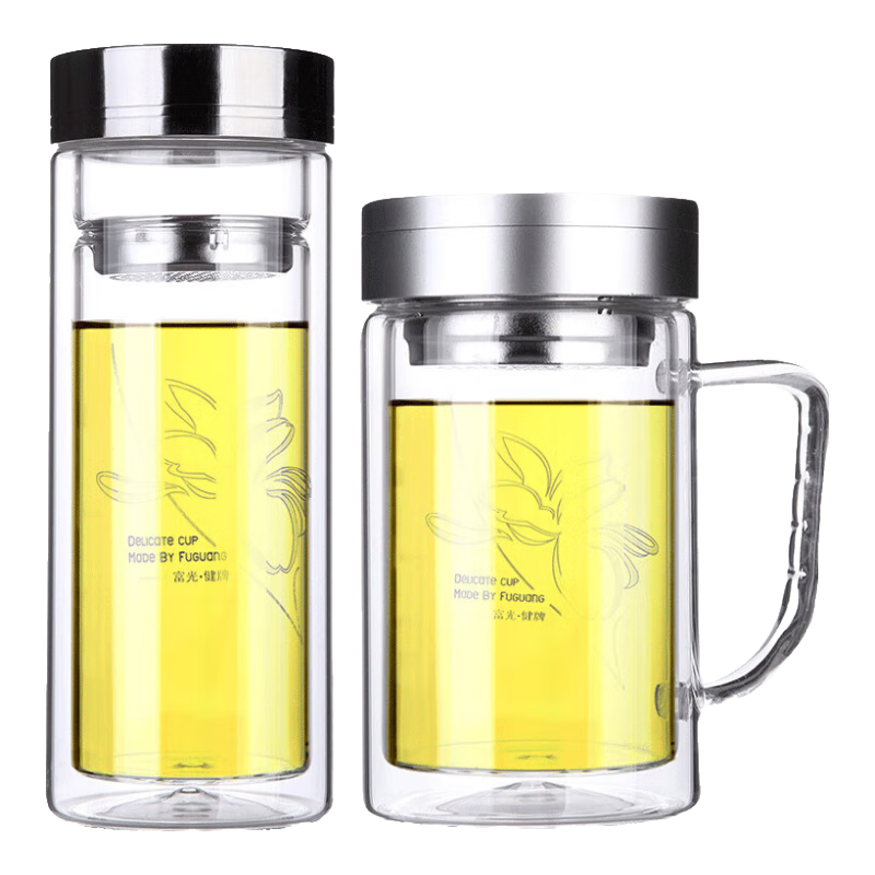 Fuguang Double-Layer Insulated Glass Cup with Tea Strainer, Water Bottle with Handle for Brewing Tea And Office Use (Set of 2)
