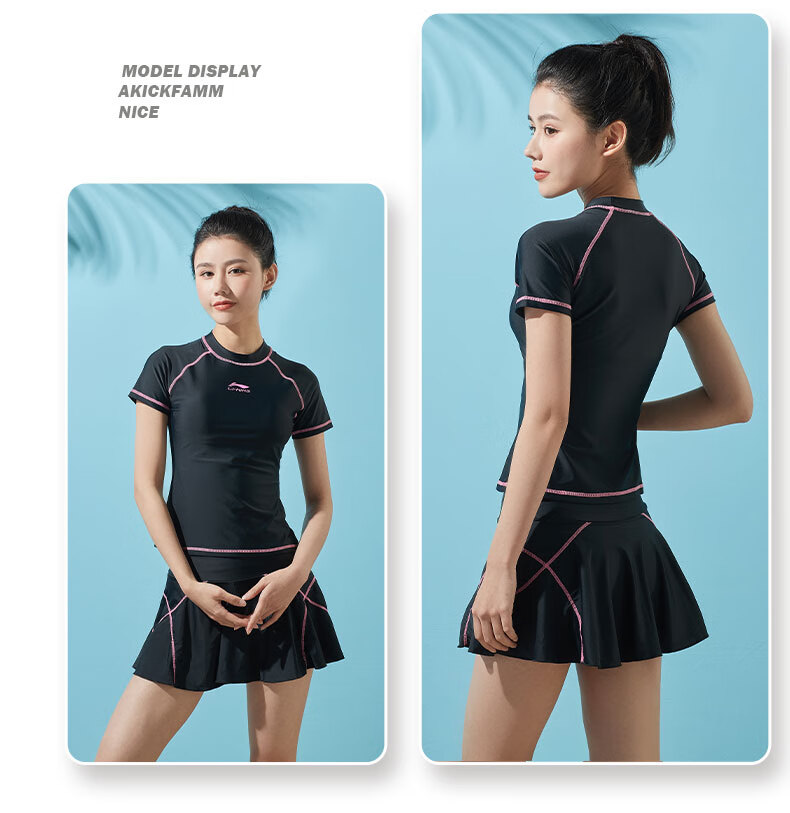 Li-Ning Women's Swimsuit, Fashionable Two-Piece Conservative Design, Tummy Control, Slimming, Sexy, Push-Up for Small Chest, Hot Spring Swimwear 507, Black XL 12