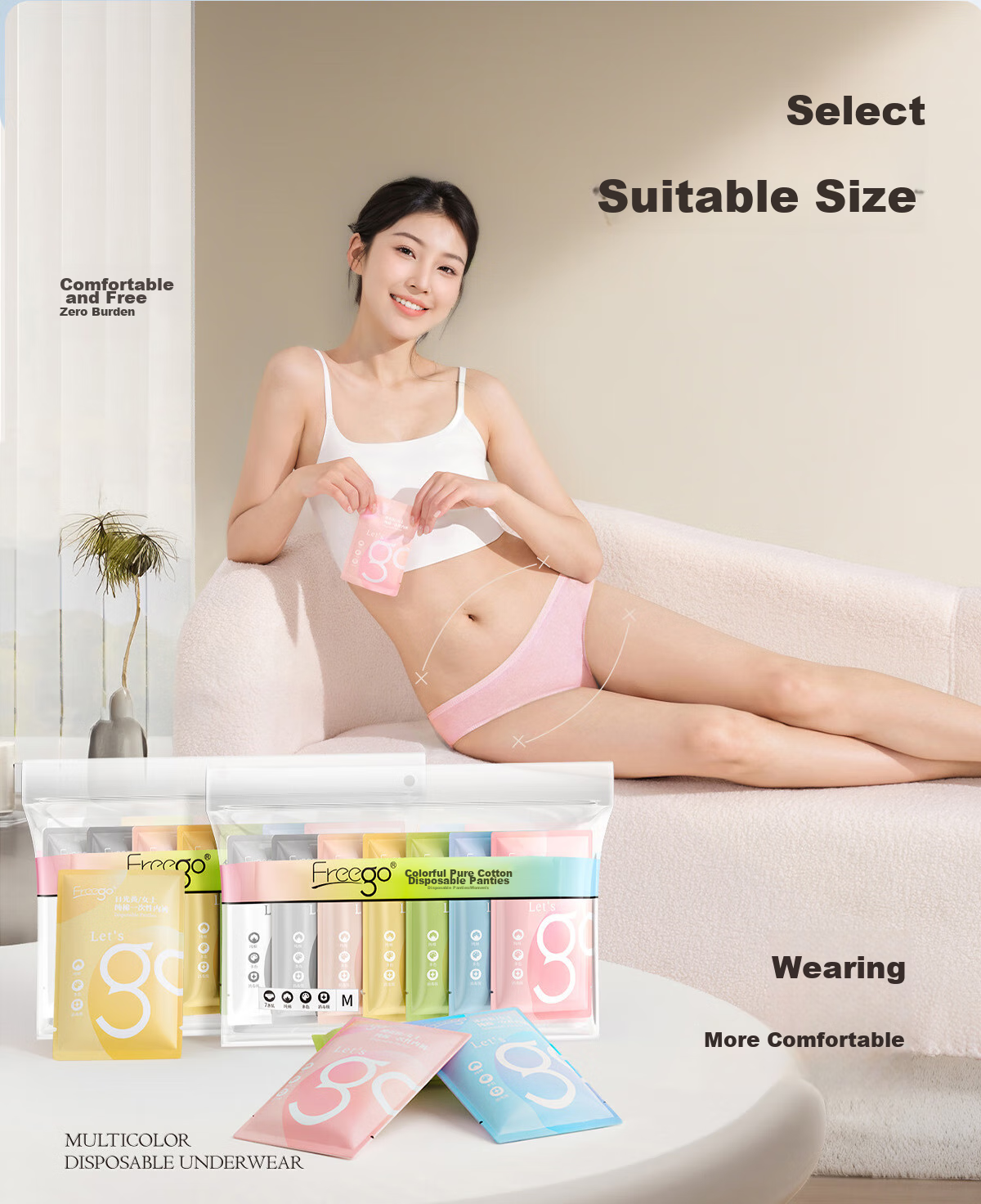 Freego Colored Pure Cotton Disposable Underwear for Women, Sterilized, No-Wash, Daily Disposable, for Pregnant Women, Postpartum, Menstrual Period, Travel, XL Size, 7-Pack 26