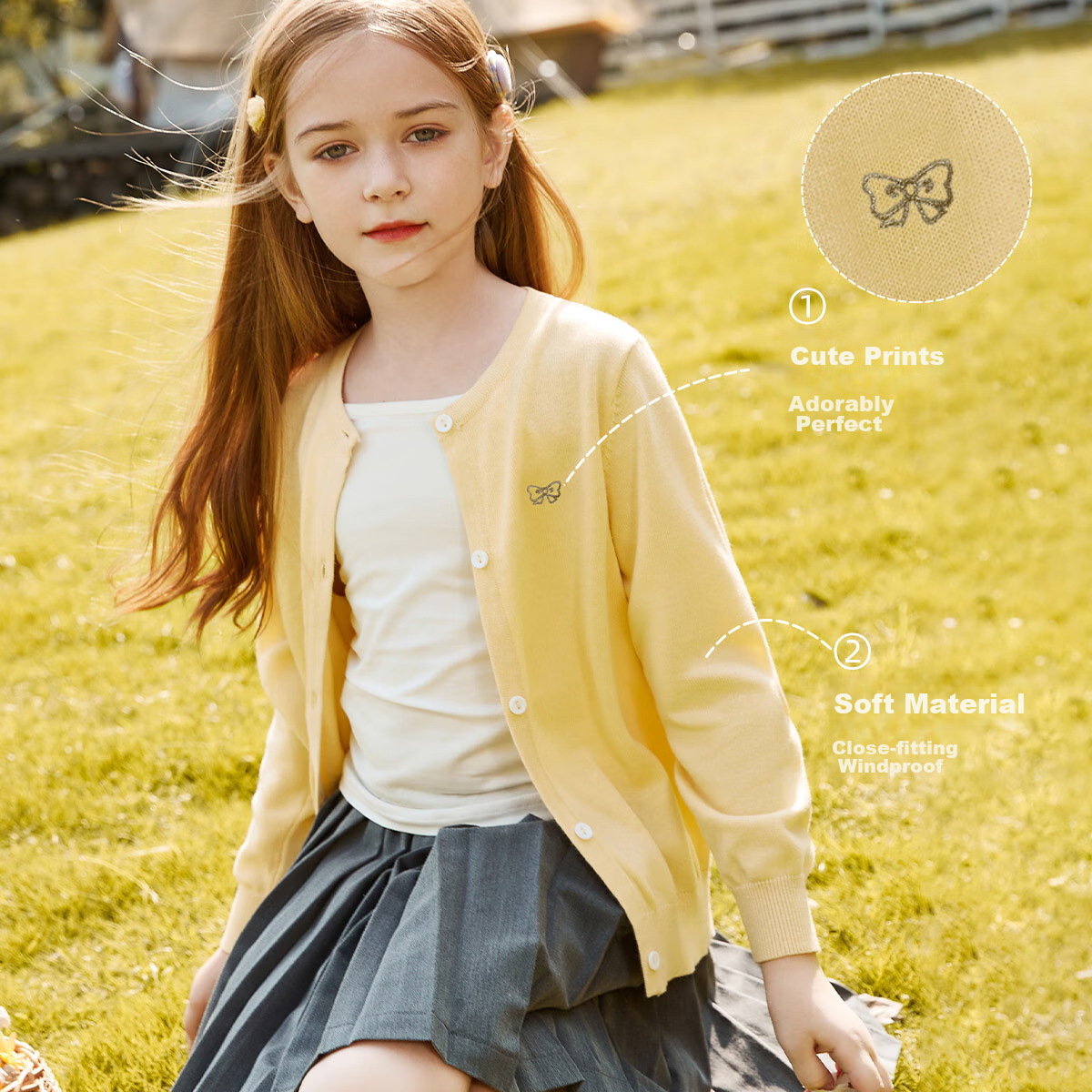 ASK JUNIOR Girls' Sweater, Warm Children's Long-Sleeve Cardigan, Knitted Top for Teenagers, Yellow, Size 140