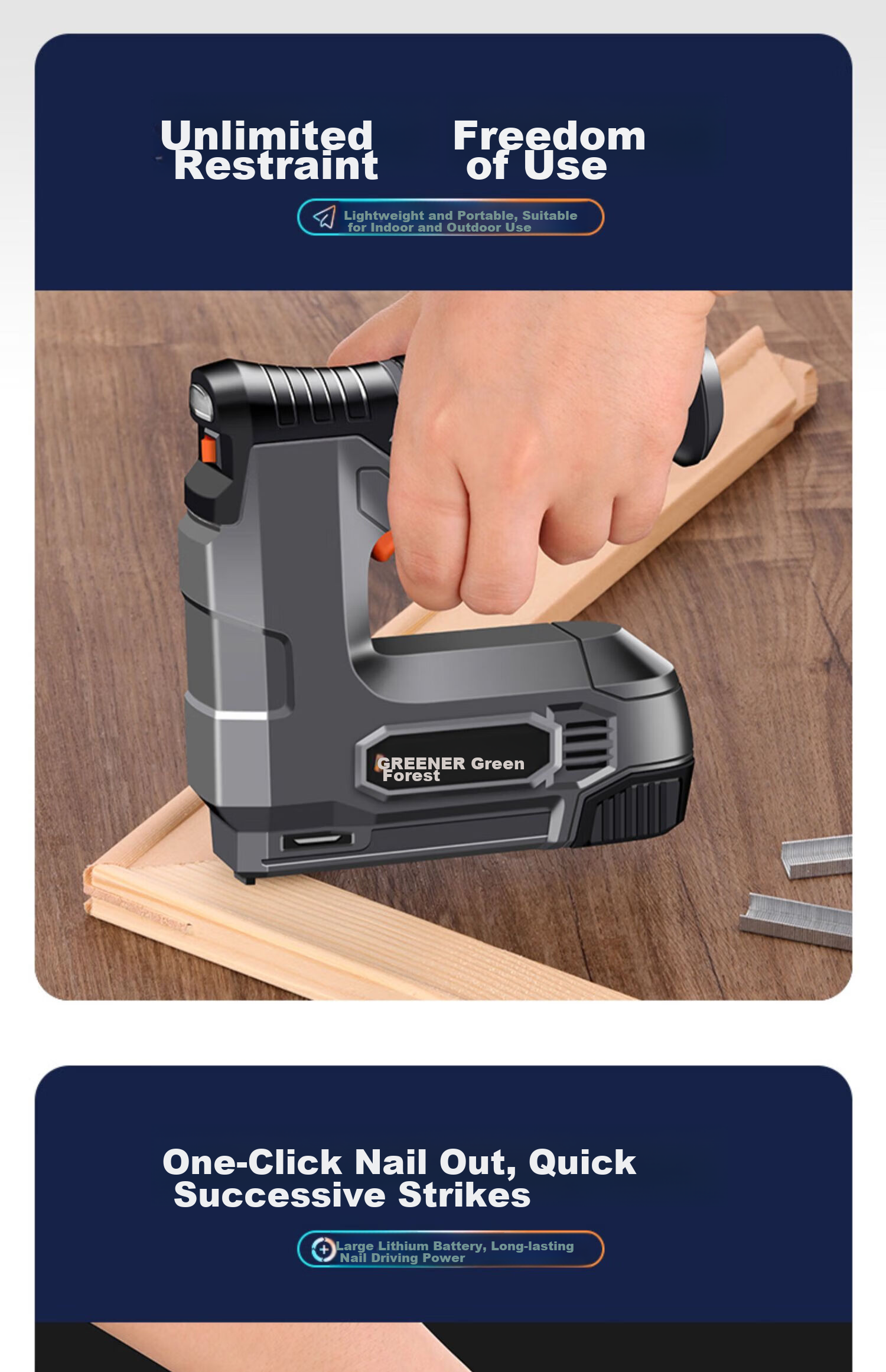 GREENER Electric Nail Gun, Woodworking Nails, Shooting Machine, Wireless Lithium Battery Rechargeable Dual-Use Household Straight Nails, U-Shaped And Door-Type Nails 6