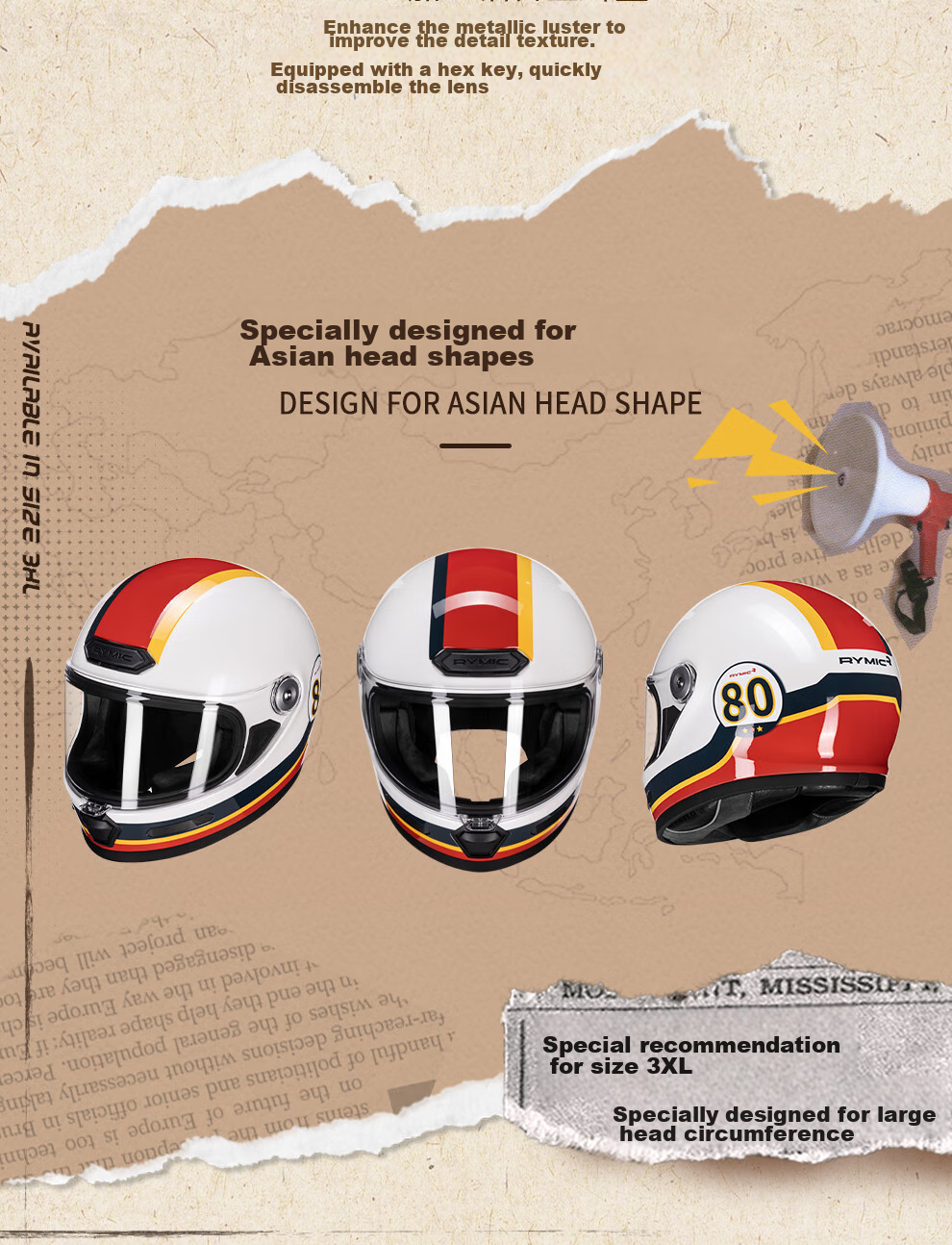 RYMIC Motorcycle Retro Full-Face Helmet, 3C Certified, for Men And Women, All-Season Riding Helmet, V80 Bright Moon White, 3XL 12