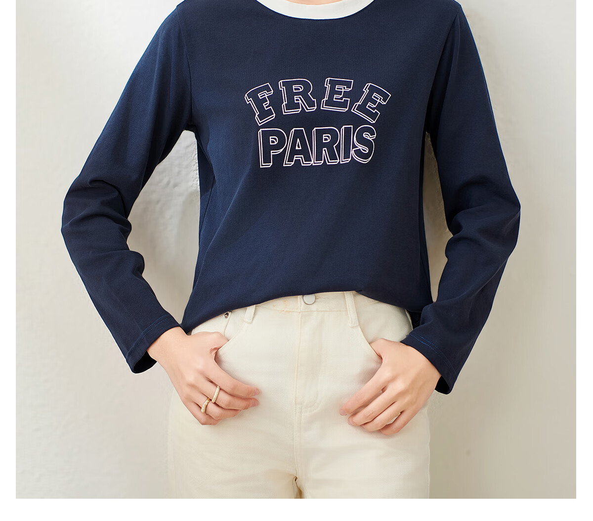 Chushen Spring And Autumn Long-Sleeve T-Shirt for Women, Round Neck with Letter Print, Versatile Color-Block Layering, Commuter Base Shirt Top S143T2024 11