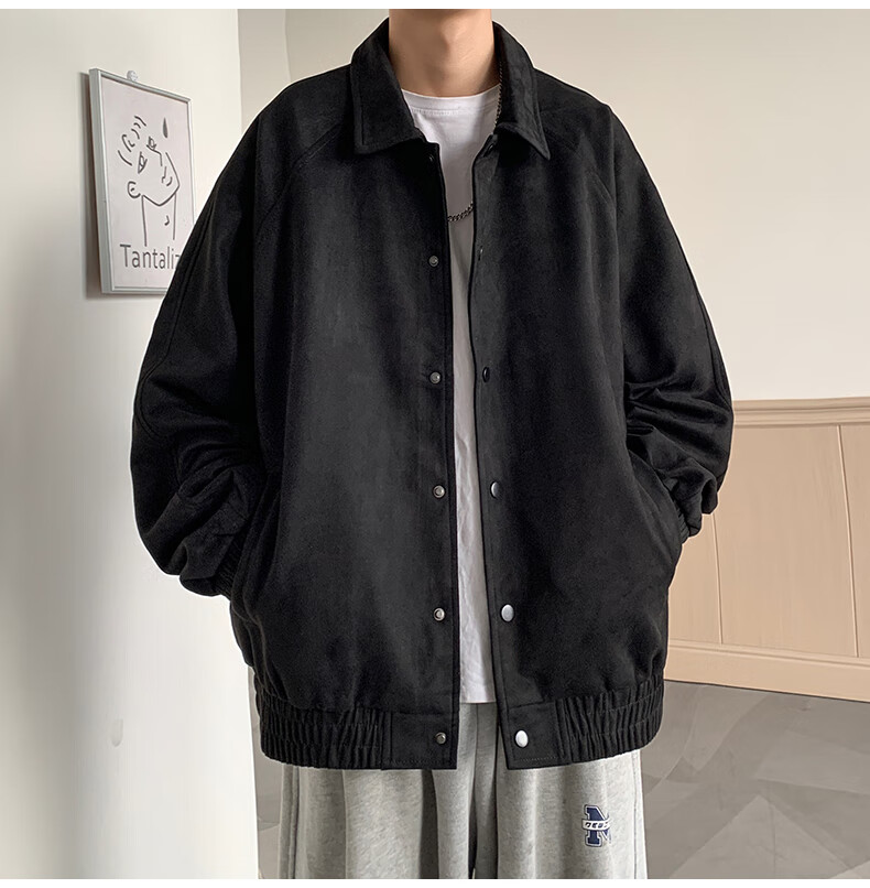 Dingfengbaoluo Men's Jacket, Summer Casual Loose Trendy Suede Coat, American Baseball Style YM9921, Black, 3XL 4