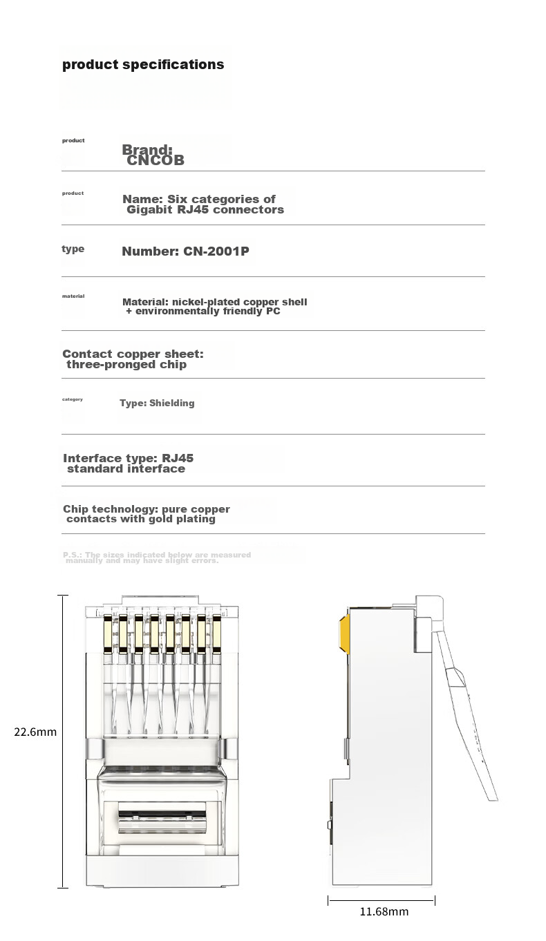 CNCOB Cat5e Shielded Crystal Head, Gold-Plated Pure Copper, Cat5e Home Network Monitoring RJ45 Cable Connector, Cat5e Crystal Head, 30 Pieces/bag, CN-1001P 14