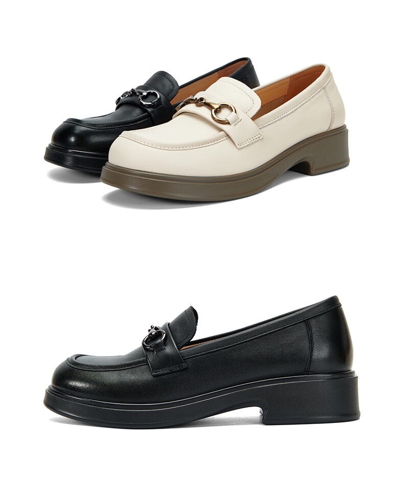 PT'SON Leather Thick-Soled Loafers for Women, Autumn Horse-Bit Buckle British Style Slip-On Shoes, Small Leather Shoes, Black, Size 35 12