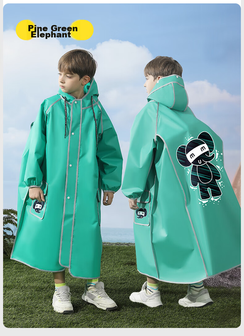 Moremerry Children's Raincoat for Boys And Girls with Backpack Space, Full-Body Waterproof Poncho for School-Age Kids, Pine Green Elephant Pattern, XL Size 13