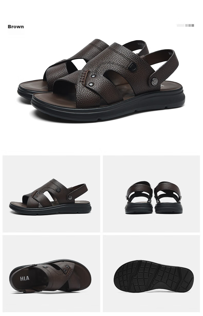 HLA Men's Slip-On Sandals, Top-Grain Leather Breathable Beach Shoes for Men, T031 Brown Size 42 23