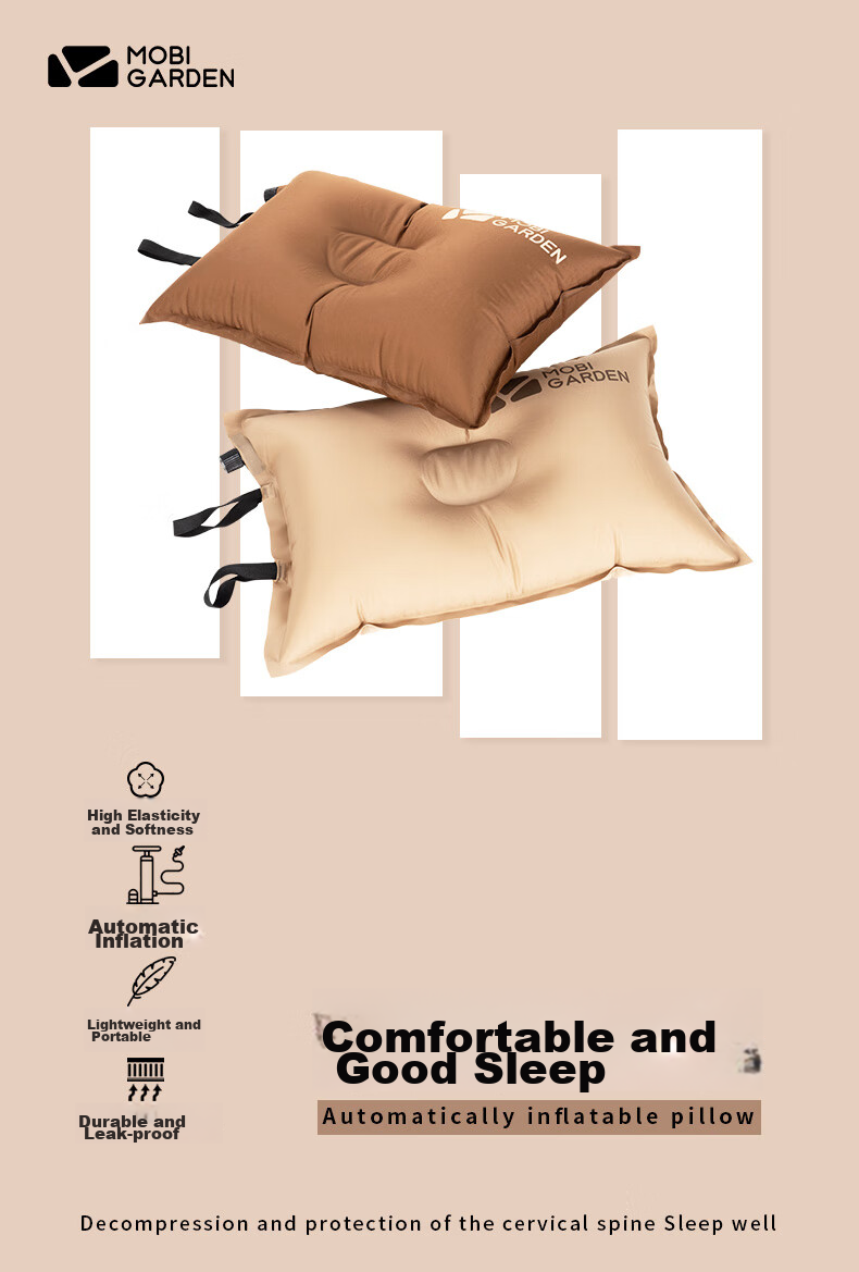 MOBIGARDEN Automatic Inflatable Pillow, Travel Pillow, Portable Comfortable Nap Camping Pillow, NXL1534002, Warm Sand Color 2