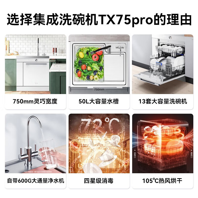 美的（Midea）家用集成水槽洗碗机750mm小尺寸智能10套洗碗机热风烘干自带净水器600G大通量TX75集成洗碗机 【升级新款】TX75Pro 集成水槽