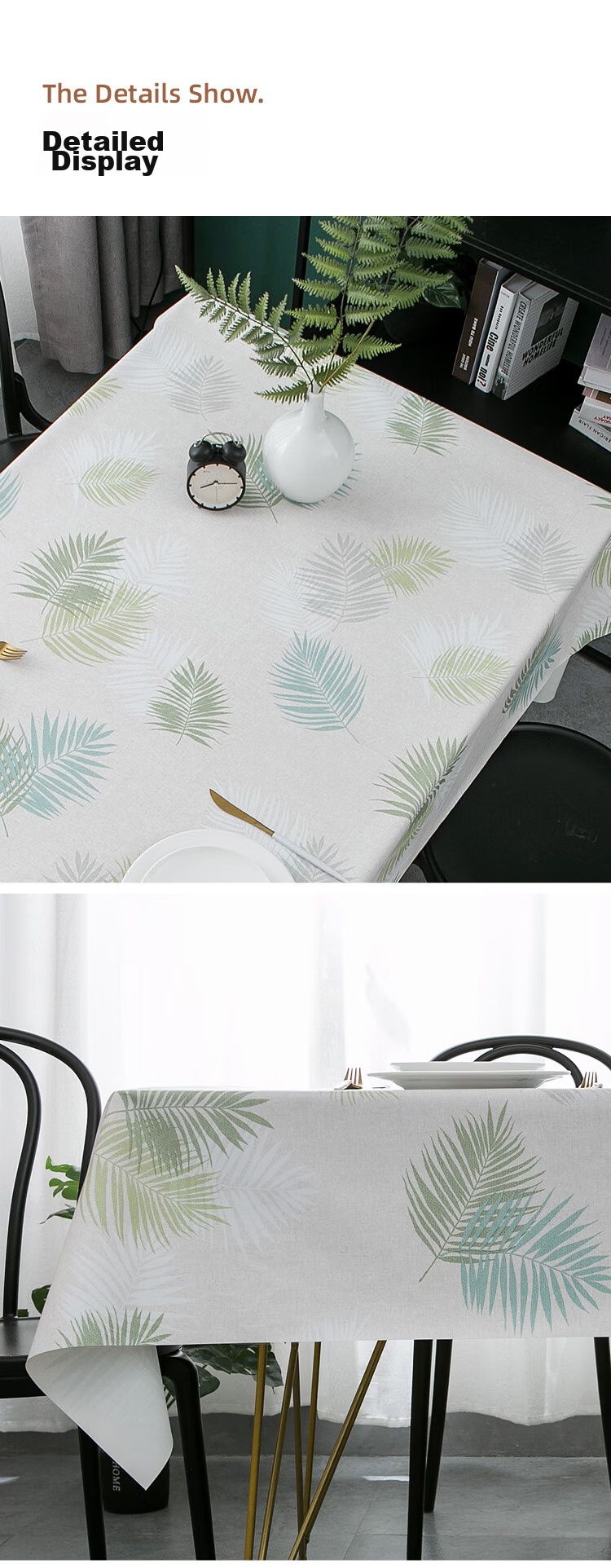 MEIWA Waterproof And Oil-Proof Fabric Tablecloth, High-Quality Square Dining Table Mat, Coffee Table Cover, 130*180cm, Wutong Leaf Patter 5