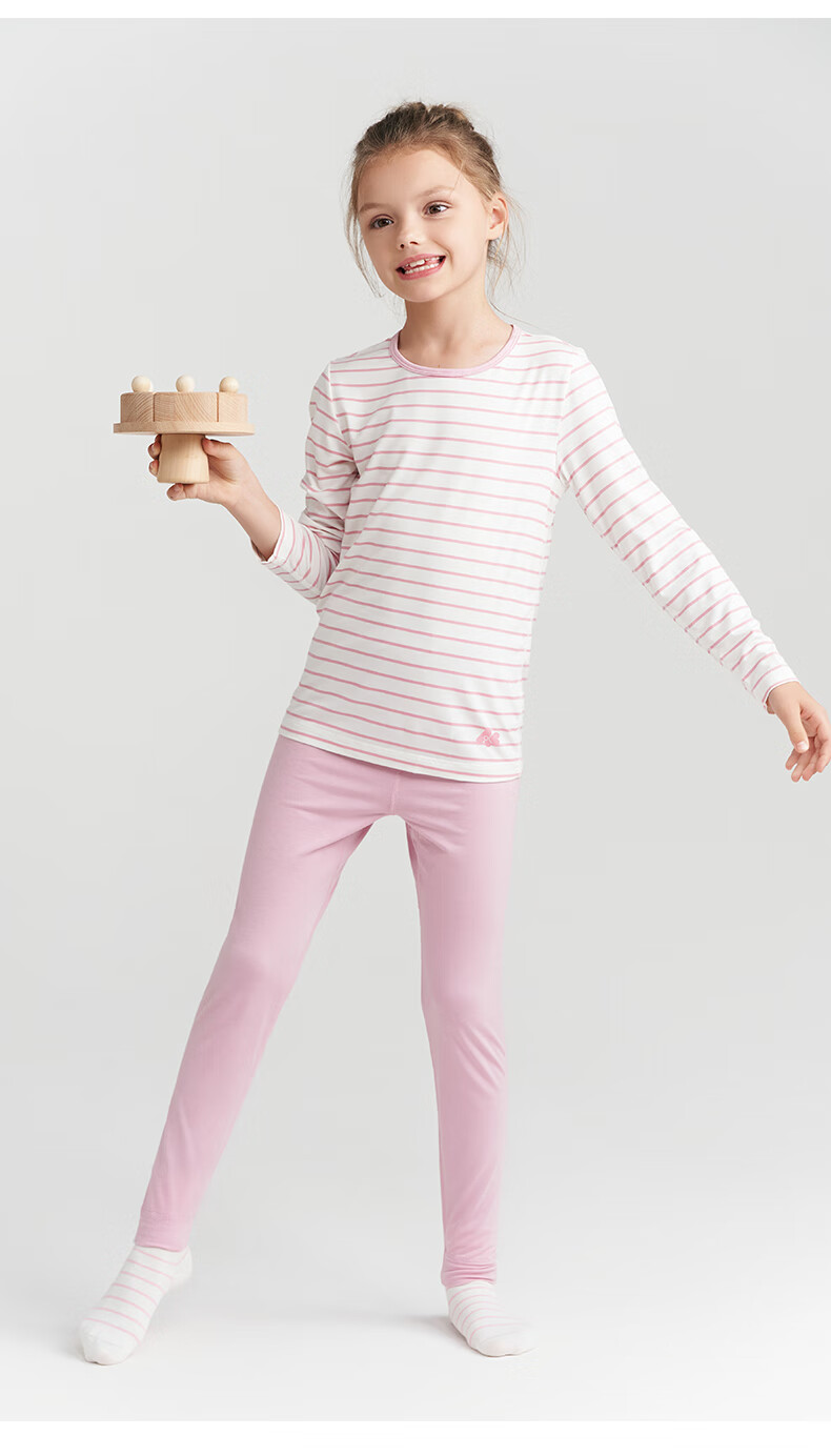 Aimer Kids Thermal Underwear for Girls, Moisture-Wicking And Heat-Generating, Light Warmth Autumn Top And Bottom Set, Purple Striped, Size 130 16