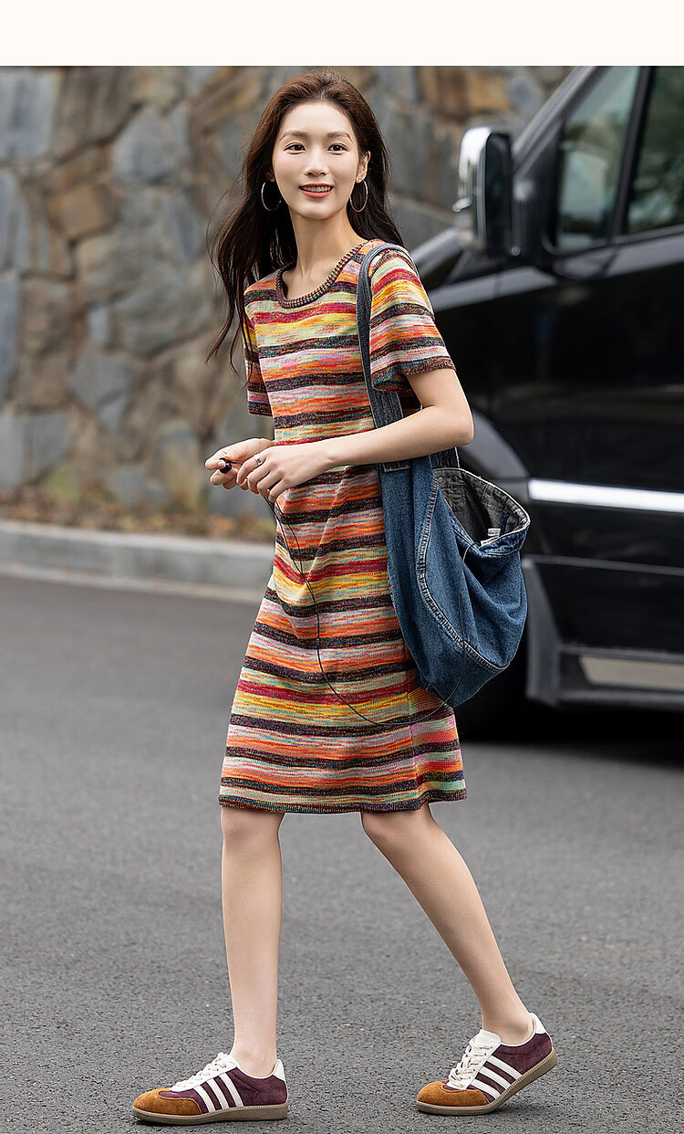 Dme [Gradient Rainbow Dress], Spring And Autumn Vintage Dopamine Stylish Round Neck A-Line Bodycon Comfortable Women's Dress 15