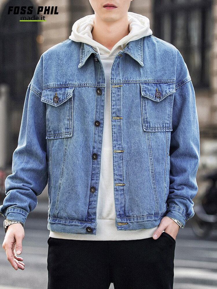 Foss Phil Men's Denim Jacket, Spring And Autumn Casual Retro Trendy Loose Fit Hong Kong Style Workwear Jacket Top FPJK4 Black XL 10