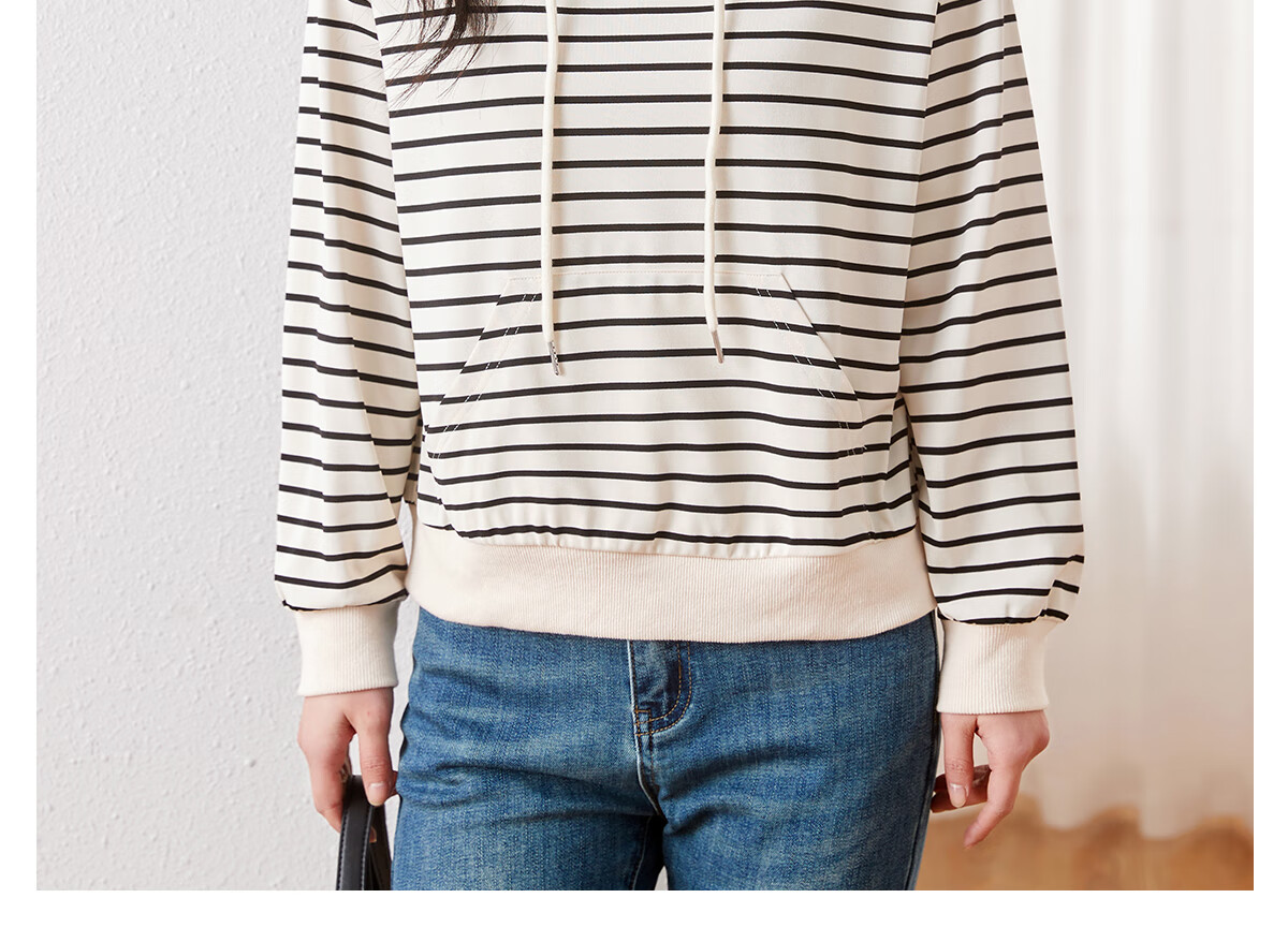 Chushen Women's Hoodie, Contrasting Colors, Drawstring Hood, Korean Style Stripes, Simple Elegant Fashion Versatile Top S141W1012 9