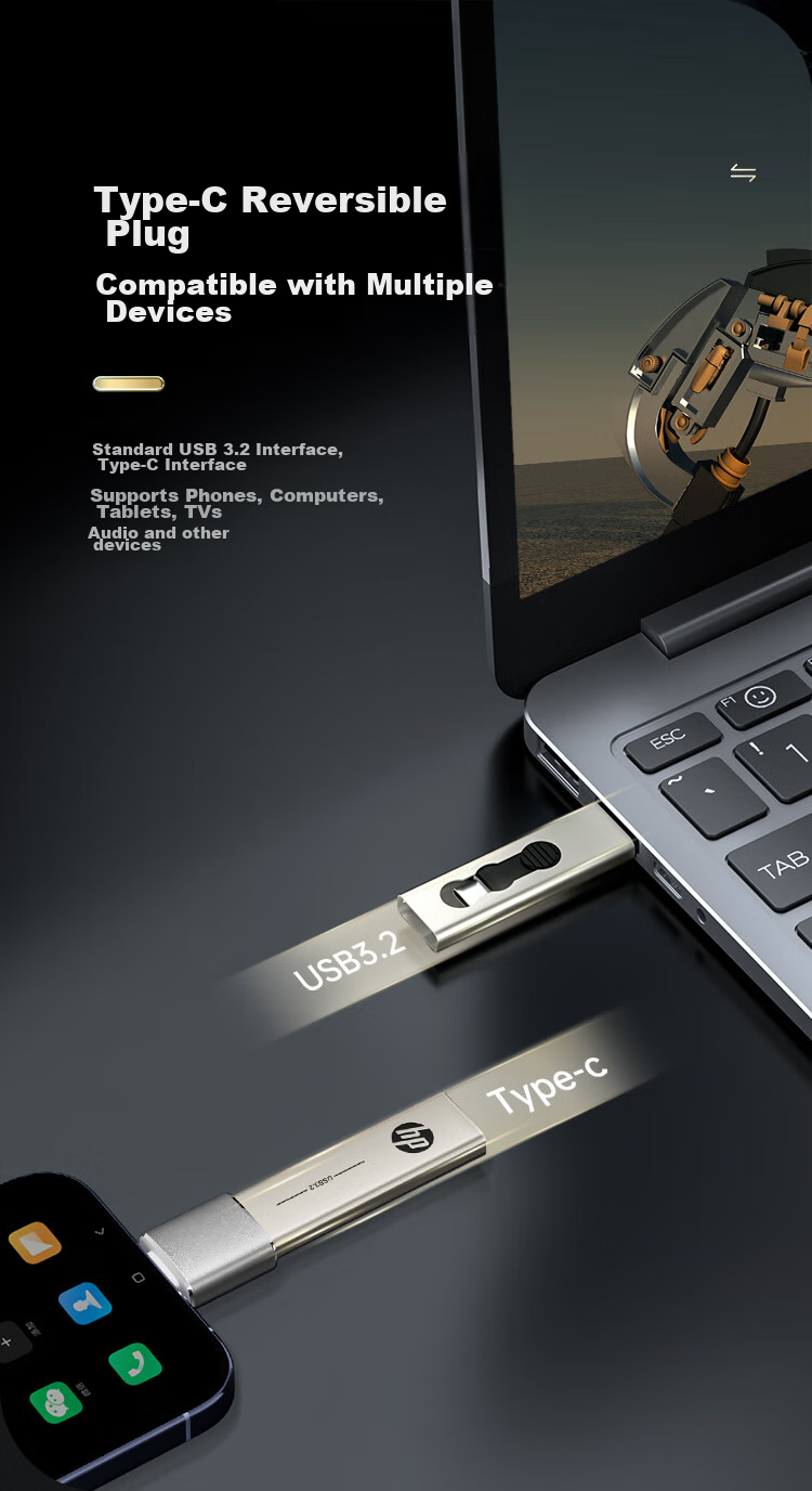 HP 64GB Type-C USB3.2 Dual-Interface Flash Drive X796c High-Speed USB Drive for Smartphones, Tablets, And Computers - Multifunctional Office Flash Drive 8