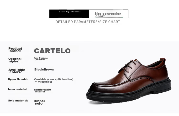 CARTELO Men's Leather Shoes, Cowhide Business Casual Leather Shoes, British Style Thick-Soled Men's Wedding Shoes, Work Shoes, 9788 Black, Size 38 6