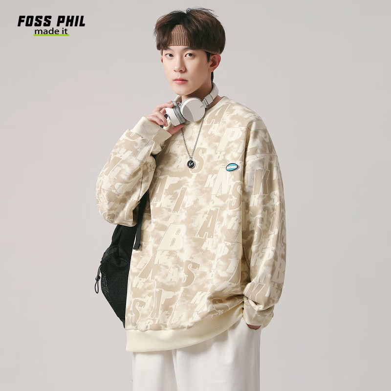 Foss Phil Men's Sweatshirt, Spring And Autumn Long-Sleeve Tie-Dye Vintage Base Layer Camouflage Round Neck Top, 8920 Camouflage Gray M
