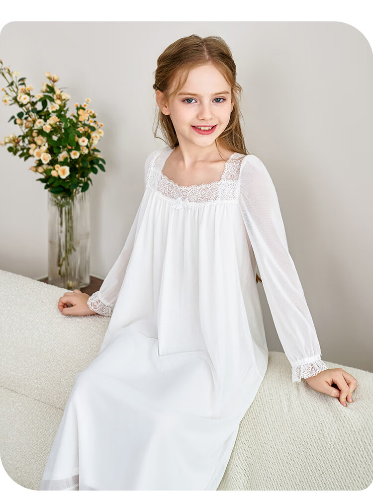 YEEHOO [50S Modal] Children's Nightgown, Soft And Comfortable Princess-Style Home Sleepwear for Girls, White, Size 120 4