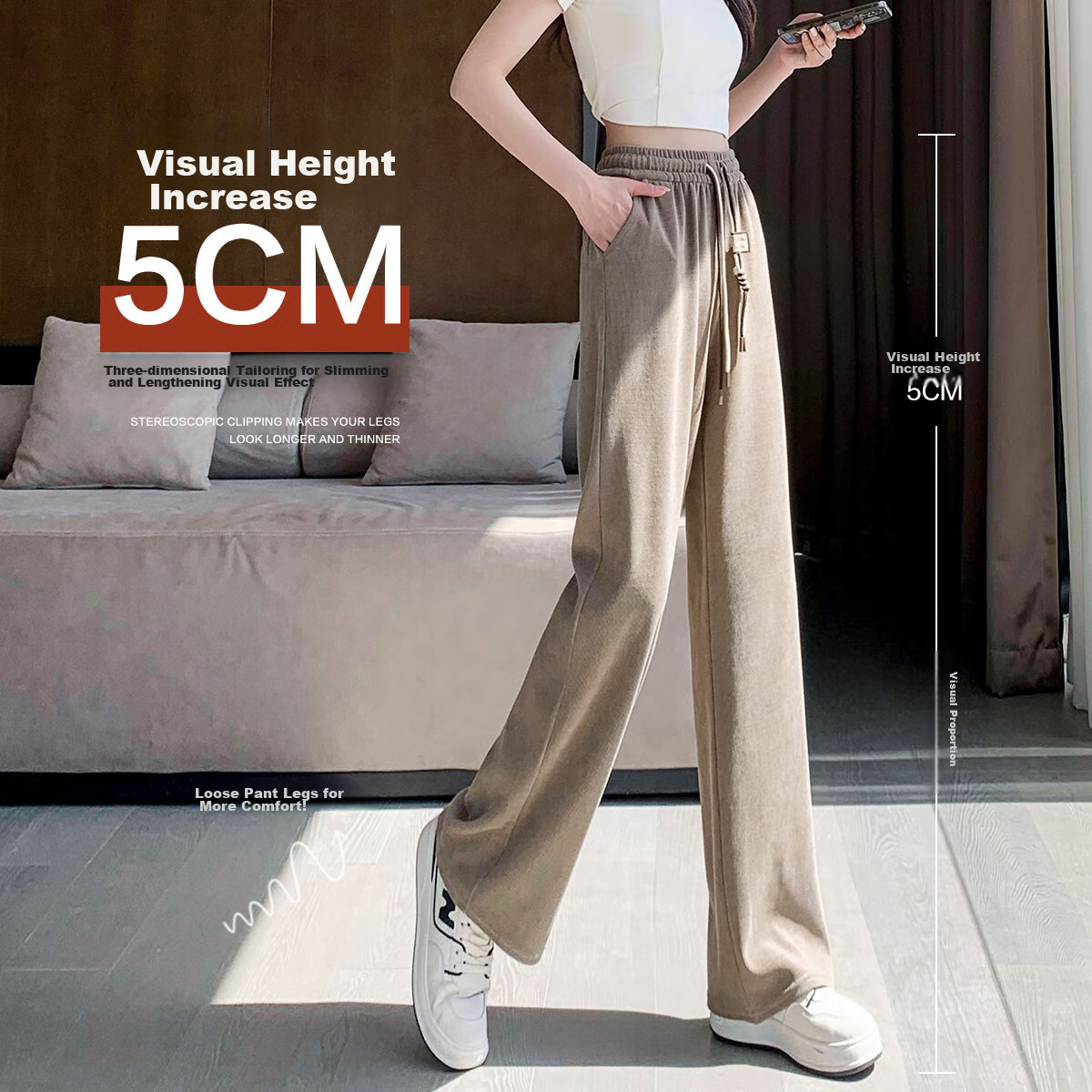 Dme [Cotton Velvet Wide-Leg Casual Pants] Mid-Rise Elastic Waist Loose-Fit Trousers for Women, Autumn, Khaki Color, Size M