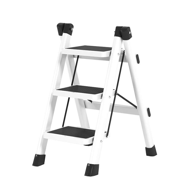 AOZHI Folding Ladder, Household Ladder, Multifunctional A-Frame Ladder, Portable Storage Rack, Carbon Steel Flower Stand Ladder, Elegant White Three-Step