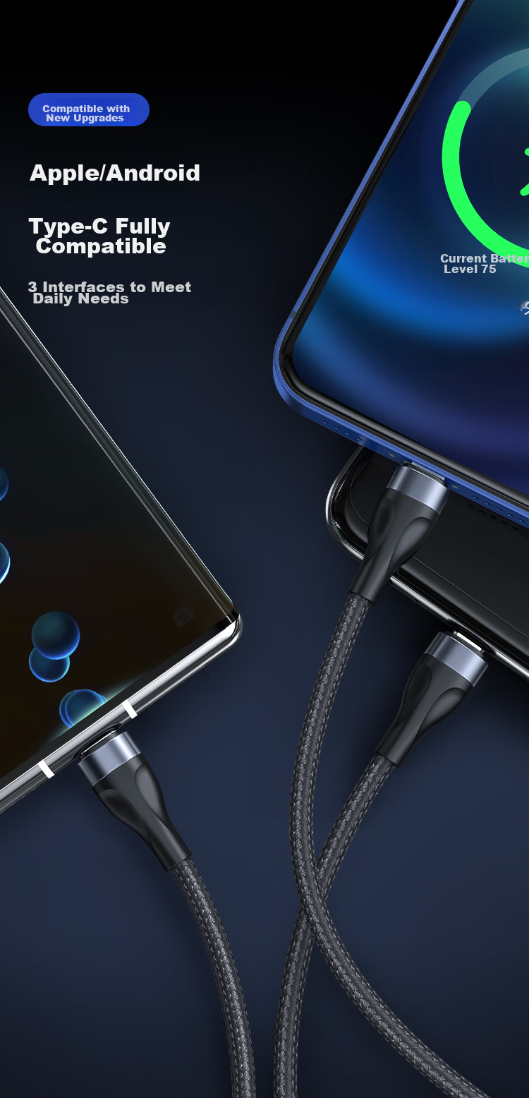 BIAZE Three-In Data Cable, Type-C Fast Charging Cable 100W, Three-In Charging Cable for Car Use, Compatible with Apple IPhone 18/17/16/15/14/13, Huawei, Xiaomi, Android Phones 3