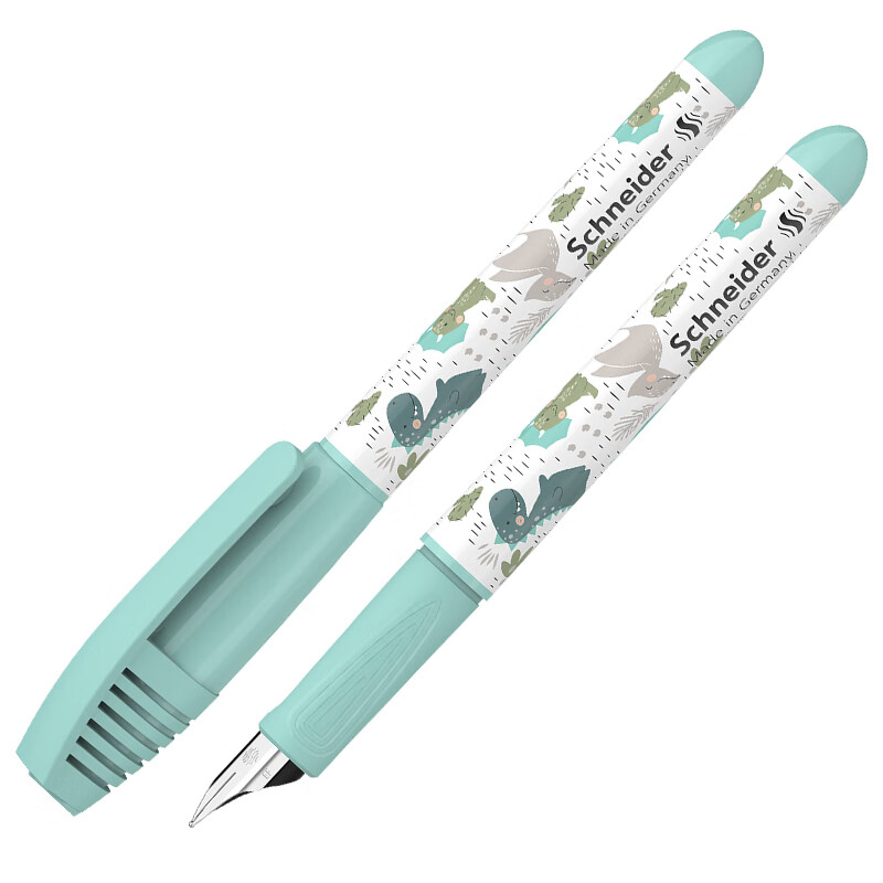 Schneider Elementary Student Fountain Pen Beginner Children's School Essential Posture Correction Writing Pen Boys Girls Grade 3-4 Entry Ink Cartridge EF Nib Fun Green Dinosaur
