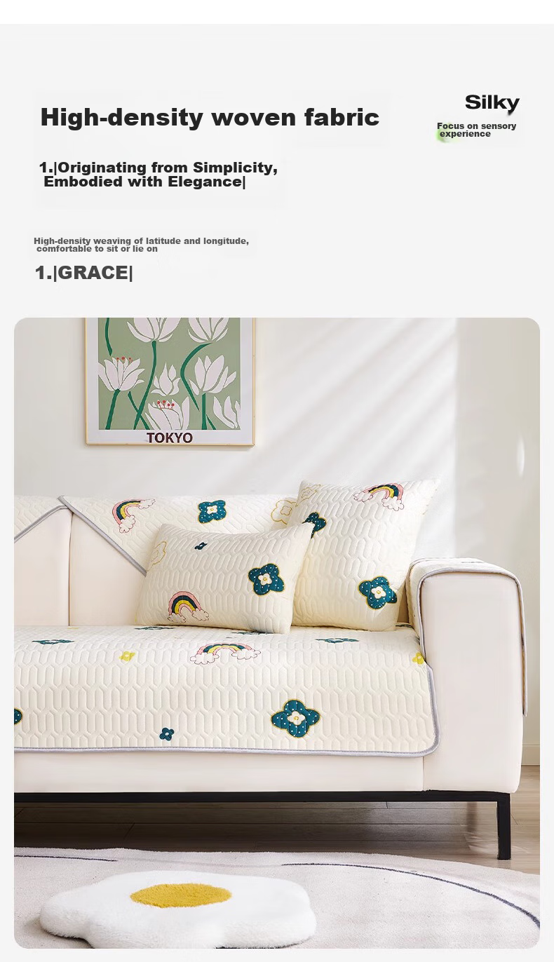 AVIVI Latex Ice Silk Sofa Cushion, Summer Sofa Cover, Sofa Slipcover, Armrest And Backrest Towel, 70*70 Cm, Floral Patter 7