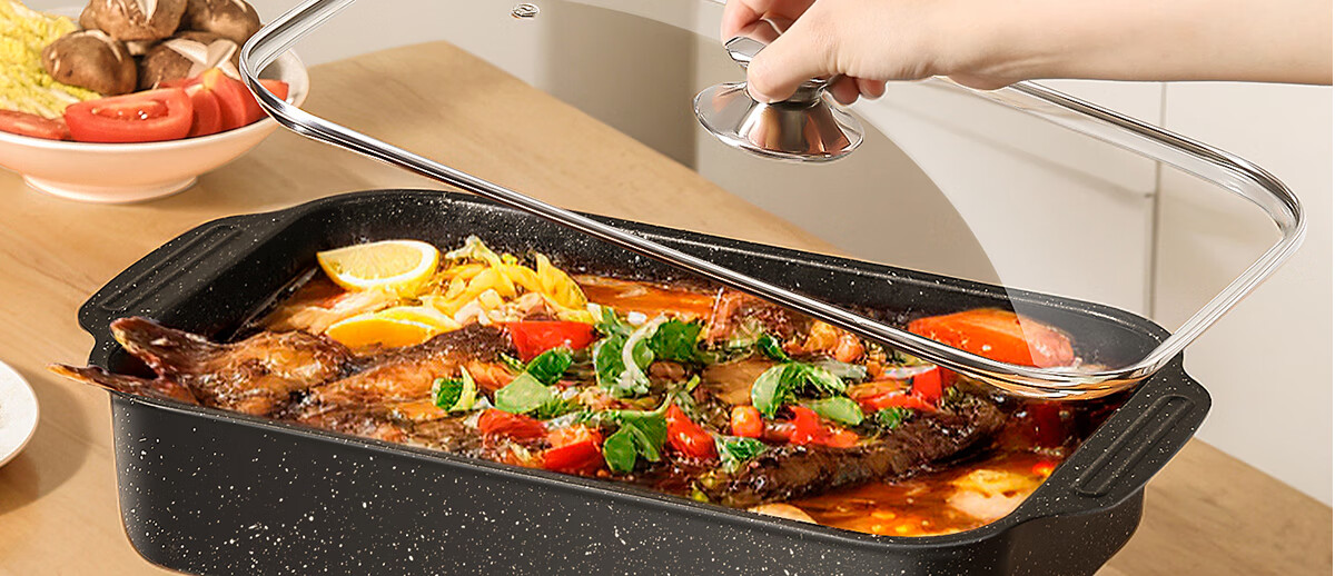 PAKCHOICE Rectangular Fish Grilling Pan with Lid, Specialized Grill Pan for Induction And Gas Stoves, Carbon Steel Non-Stick Baking Tray for Home Use 4