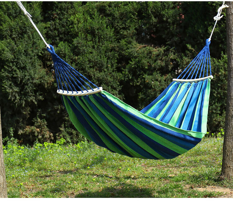 Yonglebao Single-Person Crescent-Shaped Anti-Rollover Hammock, Outdoor Camping Thickened Wide Canvas Hammock with Bent Wood Frame, Rainbow Color, 2-Piece Set 8