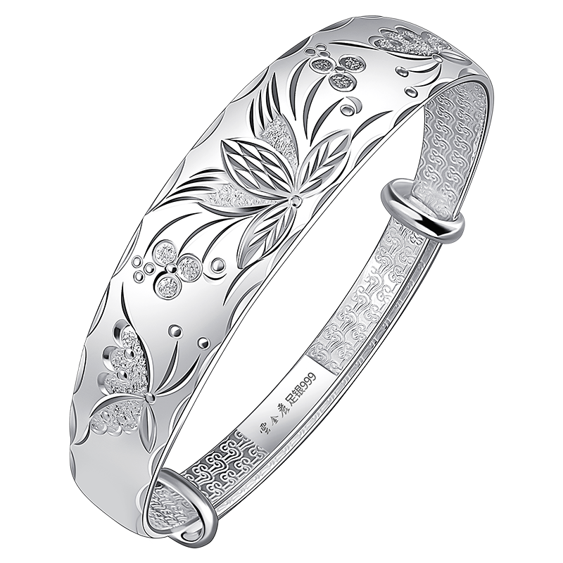 Yunjinli Silver Bracelet for Mom 999 Pure Silver Wide Ethnic Style Embroidered Splendid Years Push-Pull Silver Bangle Birthday Gift for Elders