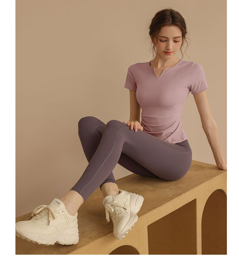 LangSha Yoga Top for Women, Short-Sleeve T-Shirt, Slimming Pilates Running Training Tight-Fitting Quick-Dry Fitness Wear, Pink-Purple, Size L 8