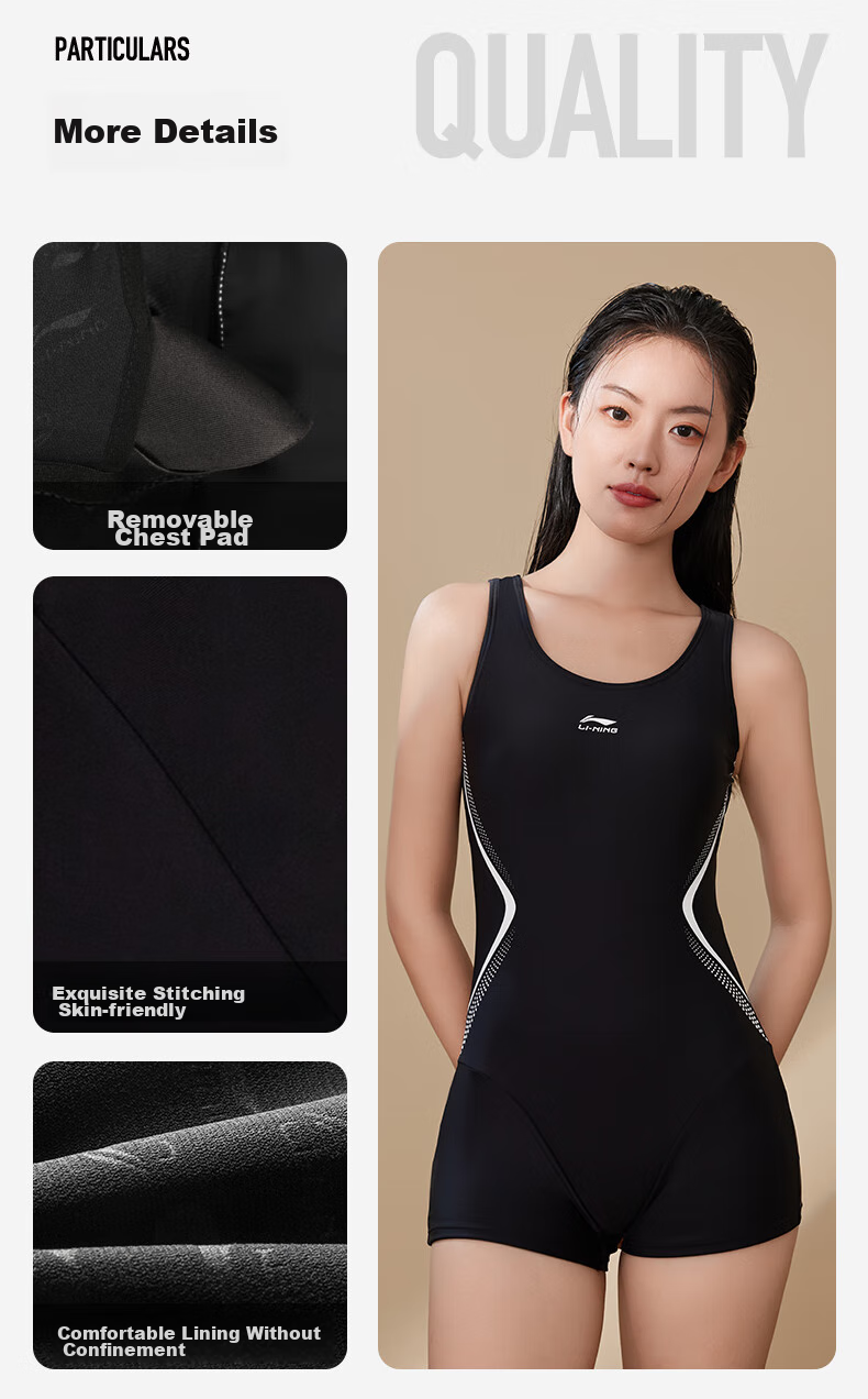 Li-Ning Women's One-Piece Swimsuit, Square Leg, Professional Sports, Push-Up, Tummy Control, Slimming, Hot Spring Resort Swimwear, 4712 Black And White, XL 10