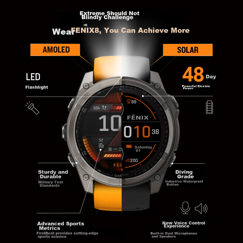 GARMIN Fenix8 Flagship Black - 51mm, Outdoor Sports Watch with Heart Rate Monitoring for Running, Diving, And Skiing