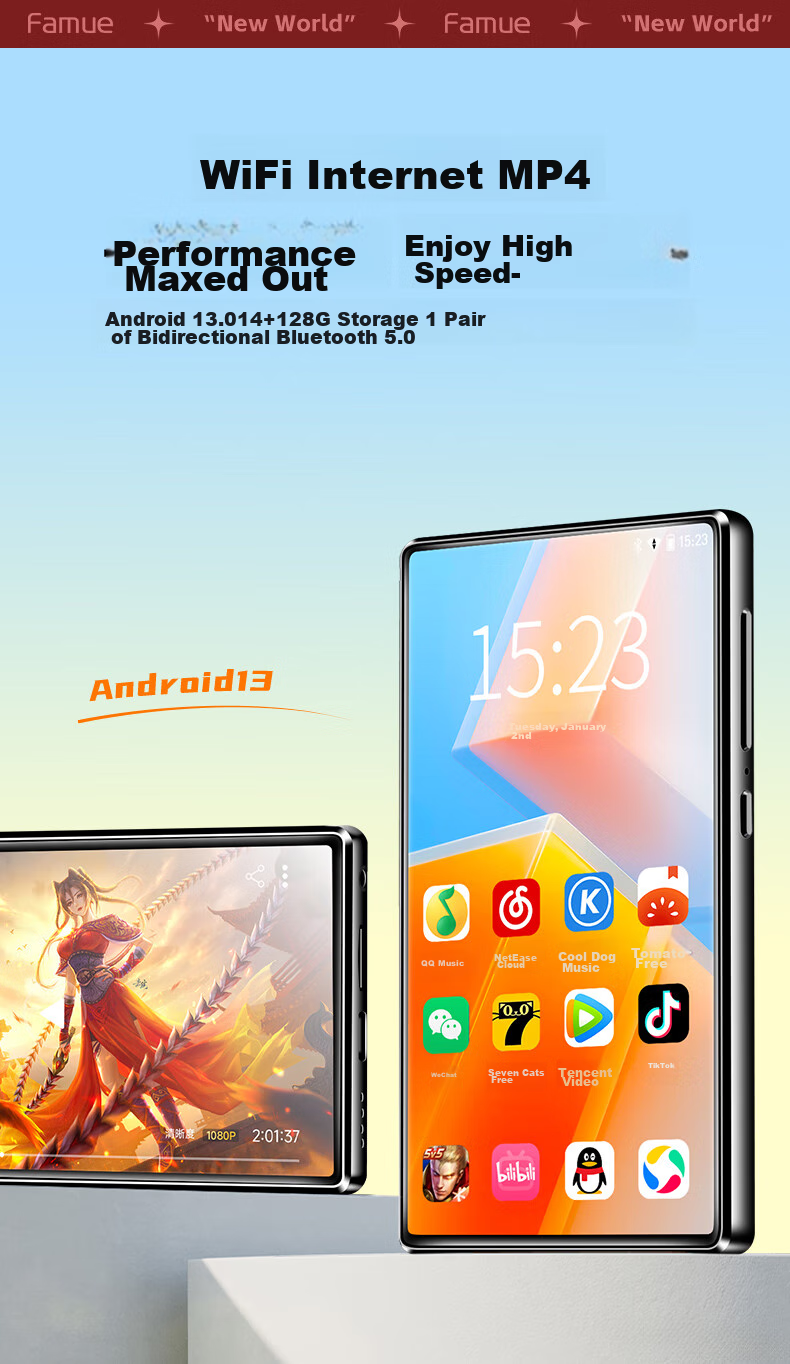 FAMUE BF66 Smart MP3/MP4 Music Player with WiFi Internet Access, 6+128GB RAM, Android 14, MP5 Online Music Streaming, HD Video Touchscreen for Reading Novels 3