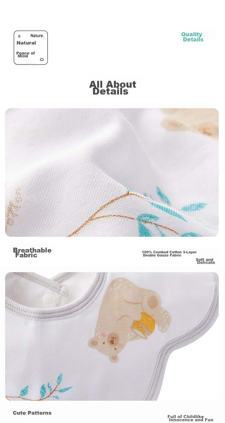 PurCotton Baby Gauze Petal Drool Bib, Pack of 3, Beach + Circus + Bunyip Fruit, 29×32cm 7