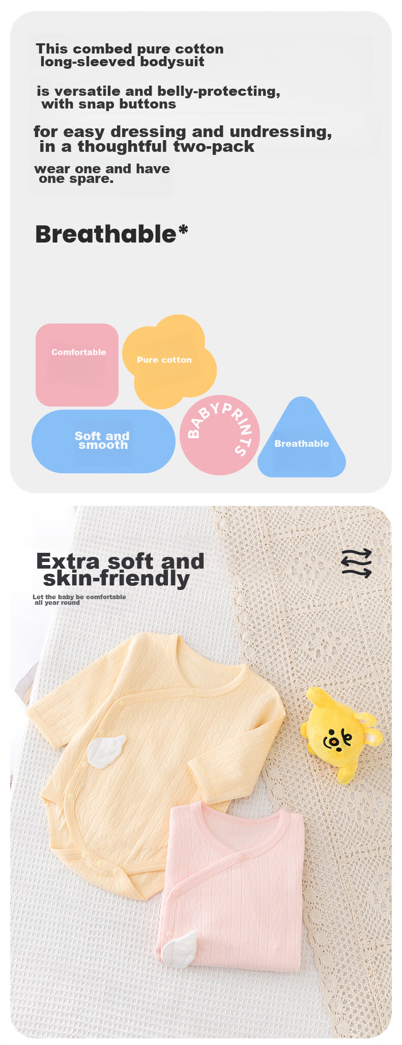 Babyprints Infant Romper, 2-Piece Set, Baby Bodysuit, Pure Cotton, Class A Long-Sleeve Underwear, All-Season Onesie, Soft, Yellow, Size 73 1