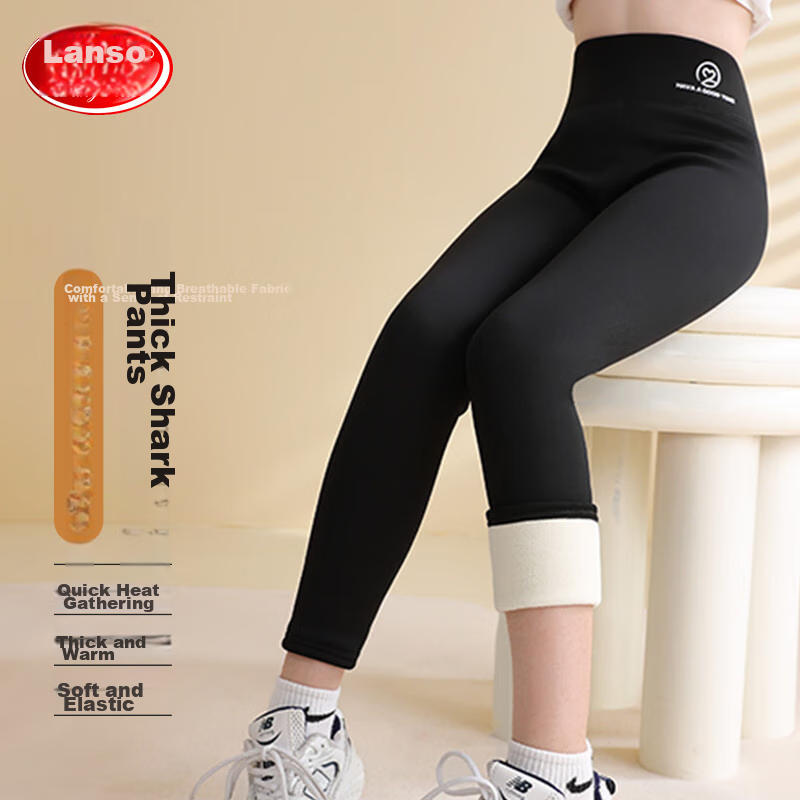 LangSha Children's Pants for Girls, Autumn And Winter Shark Pants, Fleece-Lined, Thickened, Mid-Thick, Tight-Fitting, High-Waist, Nine-Tenths Length Leggings, Long Pants for Outdoor Wear