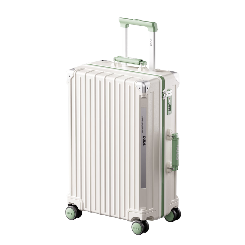 DULA Luggage, Stylish Multifunctional Suitcase with Cup Holder, USB Charging Port, Password Lock, White And Green, 26 Inches