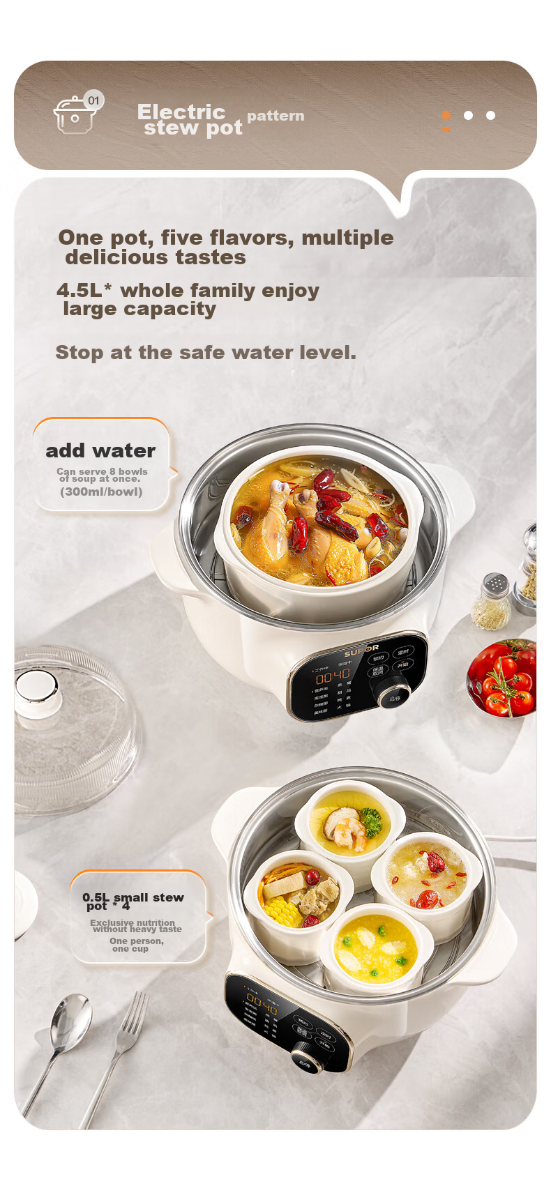 SUPOR Electric Stew Pot, Electric Stew Cup, Double Boiler for Cooking, Home Use Porridge And Soup Pot, Bird's Nest Stew Cup, 4.5L White Porcelain Inner Pot, Soup Pot with Steaming And Stewing Functions, DZ25YC876 Multifunctional Pot 5