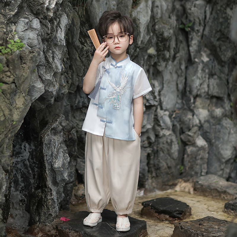 Qibo Boys' Hanfu Summer Children's New Chinese-Style National Costume Ancient Style Tang Suit, Hongying Short Sleeve (Top Only), Size 150