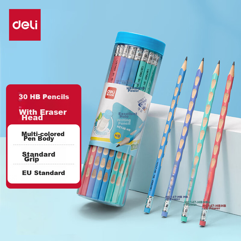Deli You Dong Dong Writing Pencil HB (30 Pieces/tube), Multi-Color with Eraser Tip, Easy Grip, Children's Posture-Correcting Pencil, Student Handwriting Practice Pen HC148-HB, Back-To Stationery