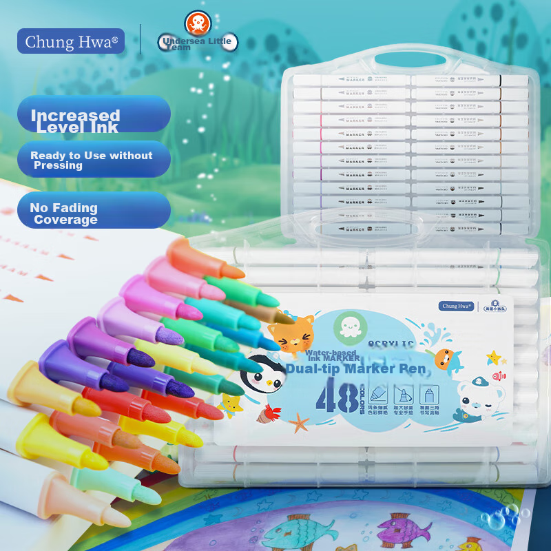 Zhonghua [Lowest Price Online] Zhonghua X Haodibao Xiaozongduo 48-Color Triangular Handle Single-Head Water-Based Acrylic Markers, Waterproof Children's Hand-Drawing Graffiti DIY Painting Gift Art Educatio
